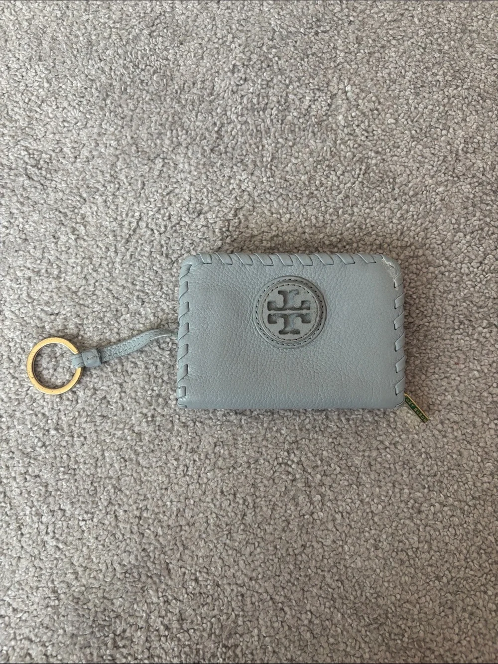 Tory Burch Pale Blue Leather Zip Card Case with Gold Key Ring